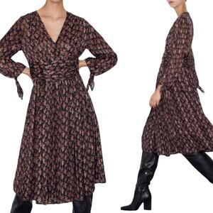 ZARA Floral Midi Wrap Dress Button Waist Long Sleeve Tie Cuffs Black Womens XS